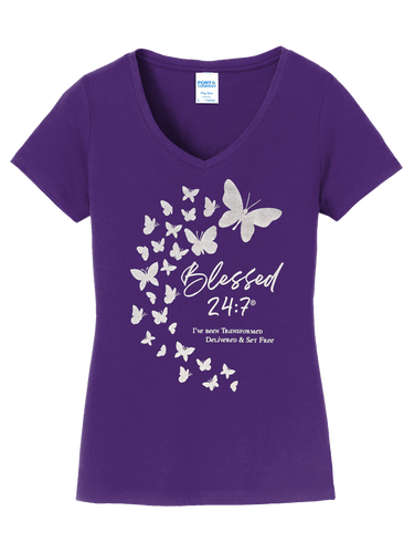 Blessed 24:7®️ Butterfly Ladies V-Neck Tee PURPLE FREE SHIPPING